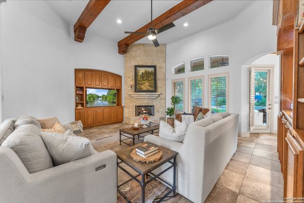 Fireplace, Interior, Living room, Recessed Lighting, Stone Walls, Wooden Beams