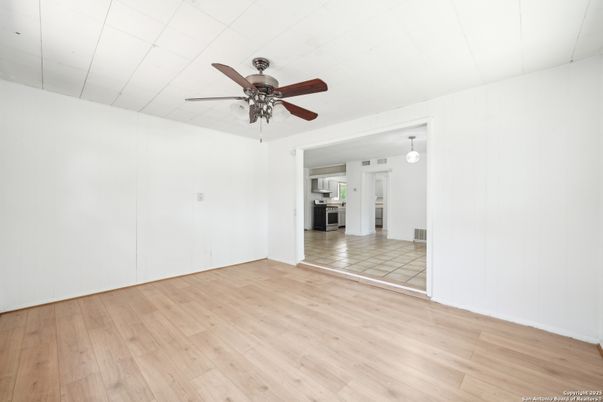 Empty room, Interior, Kitchen, Pendant Lights, Wood Texture Flooring