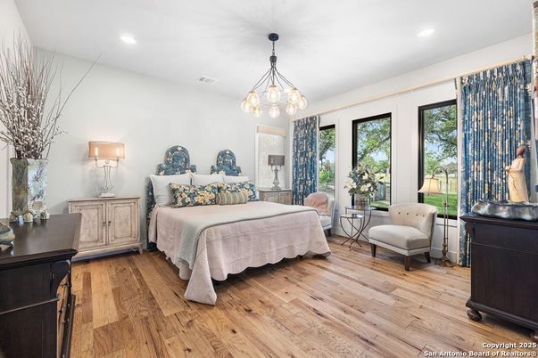 Bedroom, Interior, Pendant Lights, Recessed Lighting, Wood Texture Flooring