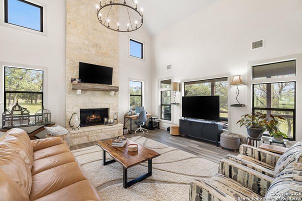 Fireplace, Interior, Living room, Stone Walls, Wood Texture Flooring
