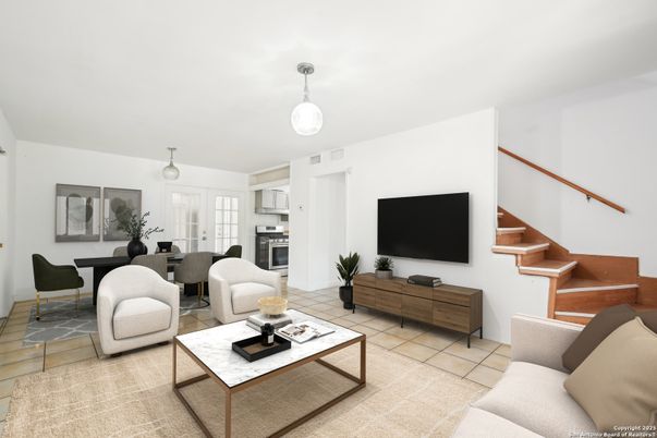 Dining room, Interior, Kitchen, Living room, Pendant Lights, Stainless Steel Appliances