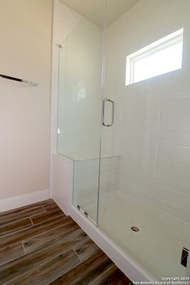Bathroom, Glass Shower, Interior, Wood Texture Flooring