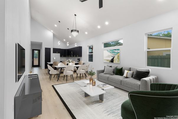 Dining room, Interior, Kitchen, Living room, Pendant Lights, Recessed Lighting, Stainless Steel Appliances, Wood Texture Flooring
