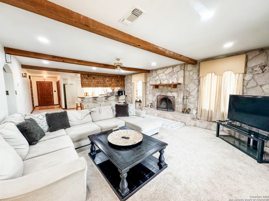 Fireplace, Interior, Kitchen, Living room, Recessed Lighting, Stone Walls, Wooden Beams
