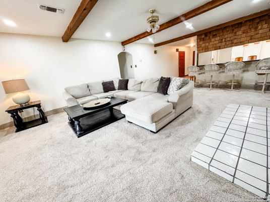 Interior, Living room, Recessed Lighting, Stone Walls, Wooden Beams
