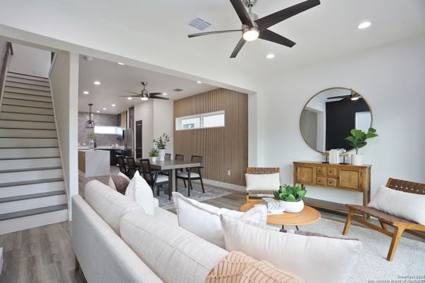 Dining room, Interior, Kitchen, Living room, Pendant Lights, Recessed Lighting, Wood Texture Flooring
