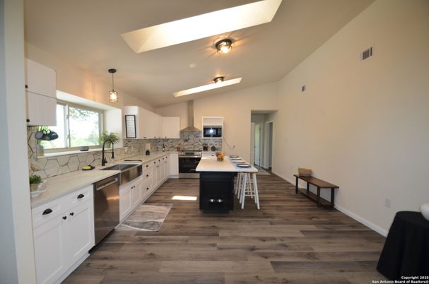 Interior, Kitchen, Pendant Lights, Stainless Steel Appliances, Wood Texture Flooring