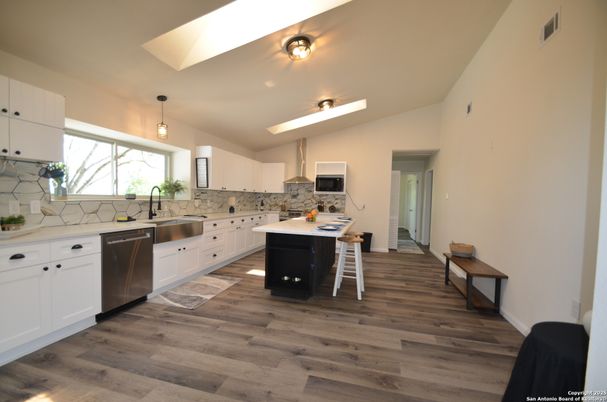 Interior, Kitchen, Pendant Lights, Stainless Steel Appliances, Wood Texture Flooring