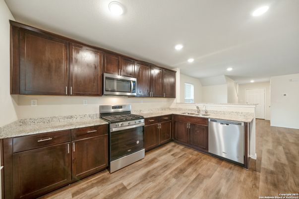 Interior, Kitchen, Recessed Lighting, Stainless Steel Appliances, Wood Texture Flooring