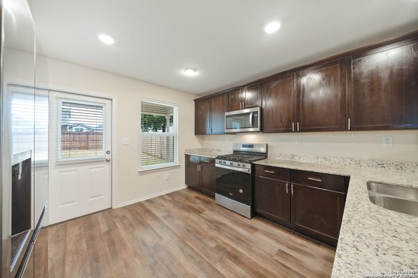 Interior, Kitchen, Recessed Lighting, Stainless Steel Appliances, Wood Texture Flooring
