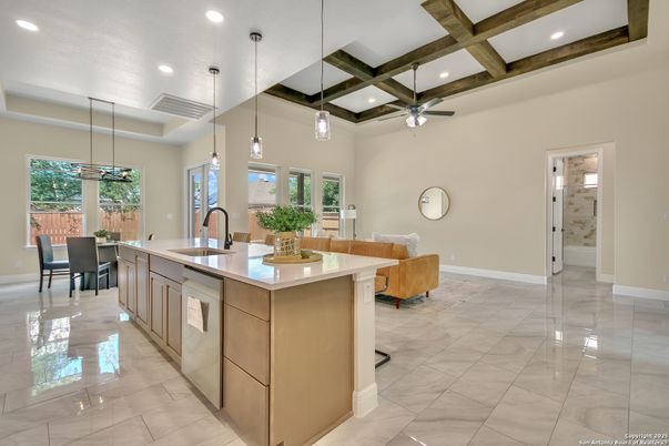 Dining room, Interior, Kitchen, Living room, Pendant Lights, Recessed Lighting, Wooden Beams