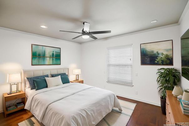 Bedroom, Interior, Recessed Lighting, Wood Texture Flooring