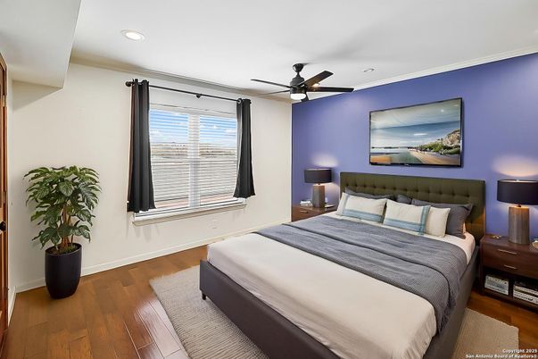Bedroom, Interior, Recessed Lighting, Wood Texture Flooring