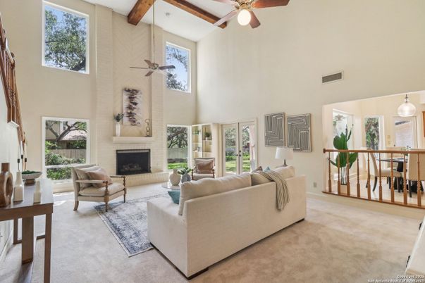 Fireplace, Interior, Living room, Pendant Lights, Wooden Beams