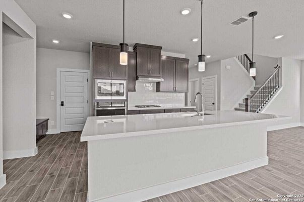 Interior, Kitchen, Pendant Lights, Recessed Lighting, Wood Texture Flooring