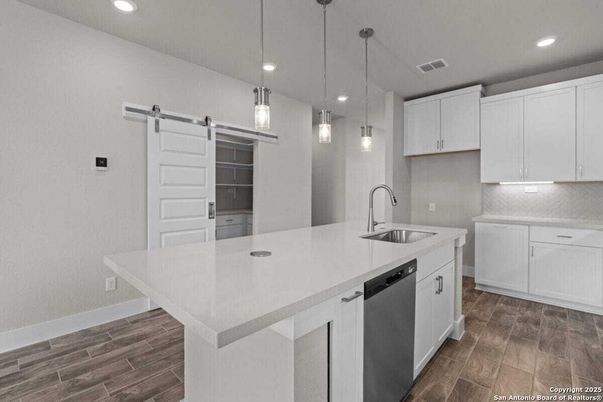 Interior, Kitchen, Pendant Lights, Recessed Lighting, Wood Texture Flooring