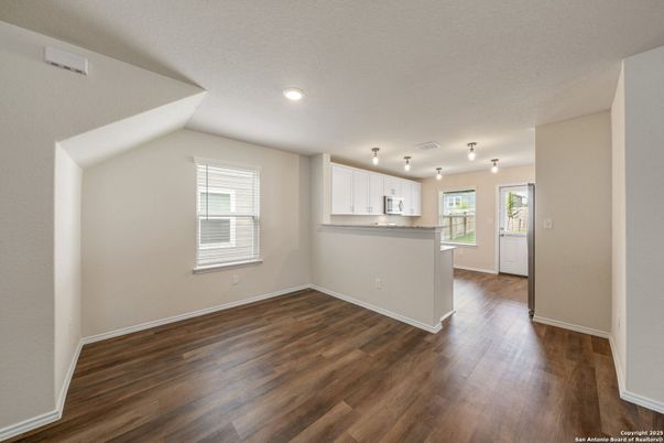 Empty room, Interior, Kitchen, Recessed Lighting, Wood Texture Flooring