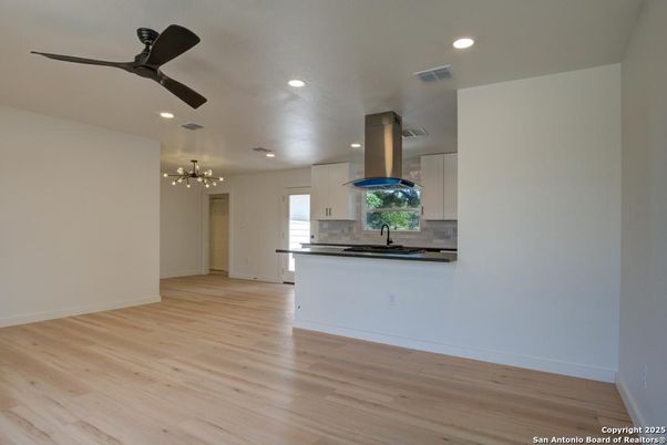 Empty room, Interior, Kitchen, Recessed Lighting, Wood Texture Flooring