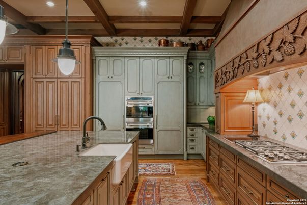 Interior, Kitchen, Pendant Lights, Recessed Lighting, Stainless Steel Appliances, Wooden Beams, Wood Texture Flooring