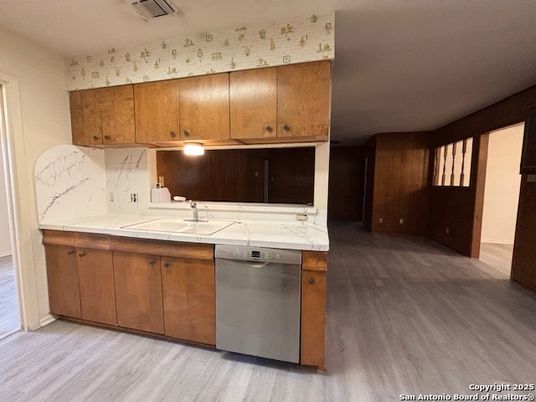 Interior, Kitchen, Marble Walls, Wood Texture Flooring
