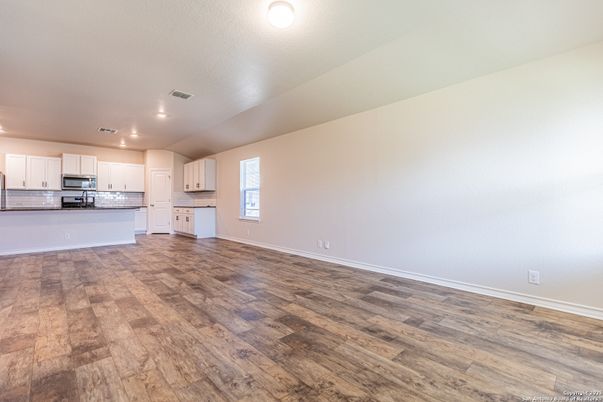 Empty room, Interior, Kitchen, Recessed Lighting, Wood Texture Flooring