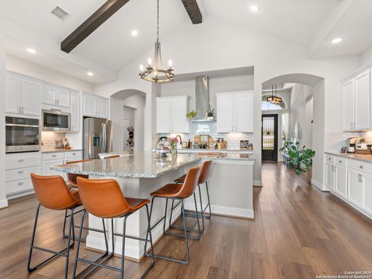 Chandelier, Interior, Kitchen, Pendant Lights, Recessed Lighting, Stainless Steel Appliances, Wooden Beams, Wood Texture Flooring