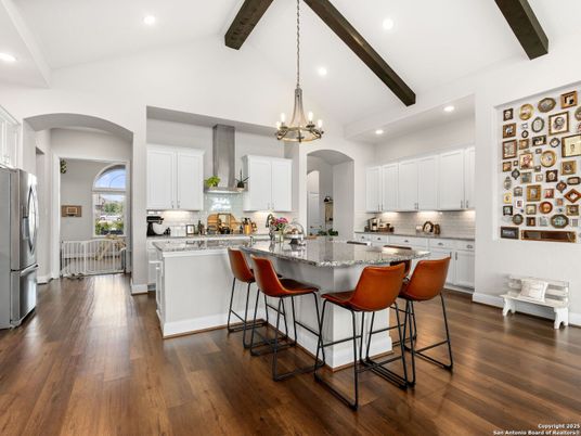 Chandelier, Interior, Kitchen, Pendant Lights, Recessed Lighting, Stainless Steel Appliances, Wooden Beams, Wood Texture Flooring
