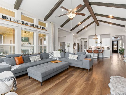 Chandelier, Dining room, Fireplace, Interior, Kitchen, Living room, Pendant Lights, Recessed Lighting, Wooden Beams, Wood Texture Flooring