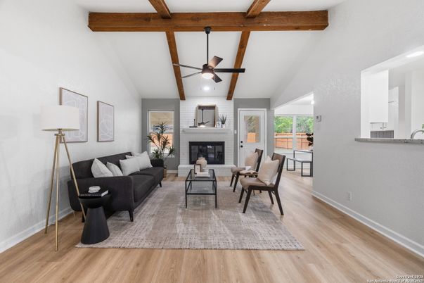 Fireplace, Interior, Living room, Stone Walls, Wooden Beams, Wood Texture Flooring
