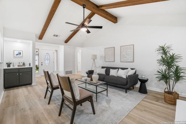 Interior, Living room, Recessed Lighting, Wooden Beams, Wood Texture Flooring