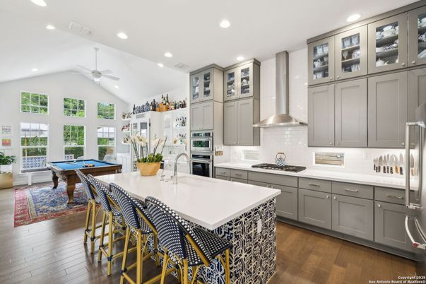 Billiard Table, Game Room, Interior, Kitchen, Recessed Lighting, Stainless Steel Appliances, Wood Texture Flooring