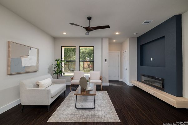 Fireplace, Interior, Living room, Recessed Lighting, Wood Texture Flooring