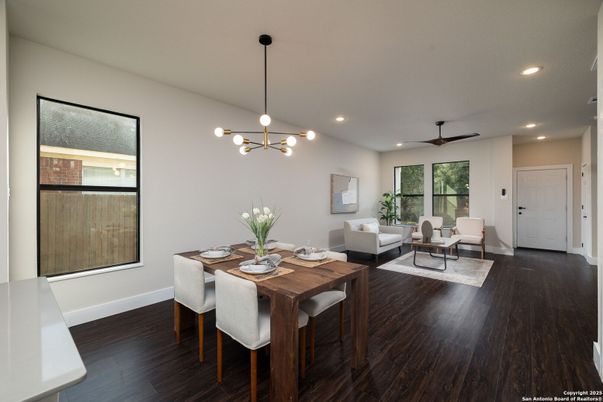 Dining room, Interior, Living room, Pendant Lights, Recessed Lighting, Wood Texture Flooring