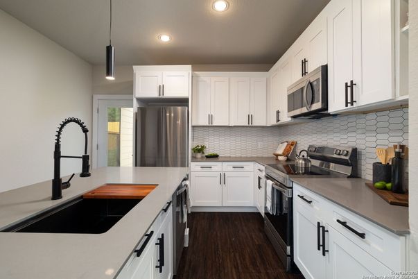 Interior, Kitchen, Pendant Lights, Recessed Lighting, Stainless Steel Appliances, Wood Texture Flooring