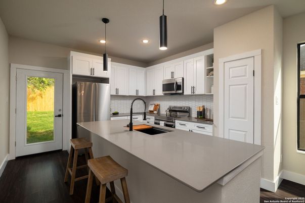 Interior, Kitchen, Pendant Lights, Recessed Lighting, Stainless Steel Appliances, Wood Texture Flooring