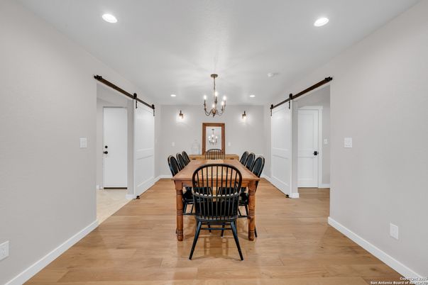 Chandelier, Dining room, Interior, Recessed Lighting, Wood Texture Flooring