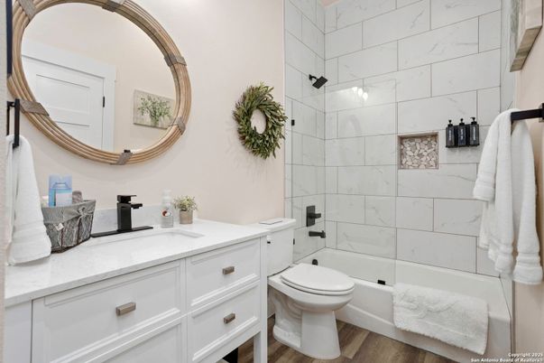 Bathroom, Interior, Marble Walls, Wood Texture Flooring