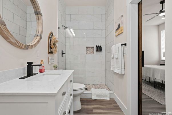 Bathroom, Interior, Marble Walls, Wood Texture Flooring