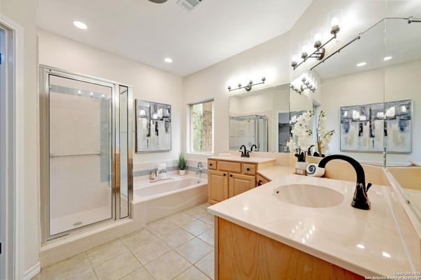 Bathroom, Dual Sink Vanities, Glass Shower, Interior, Recessed Lighting
