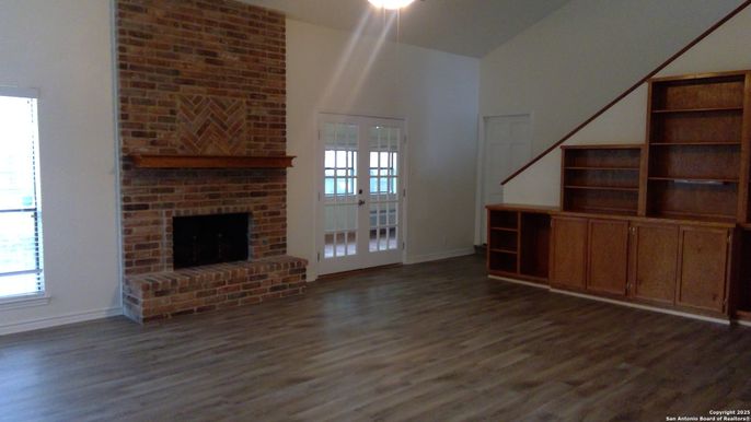 Empty room, Fireplace, Interior, Stone Walls, Wood Texture Flooring