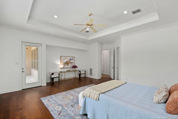 Bedroom, Interior, Recessed Lighting, Wood Texture Flooring