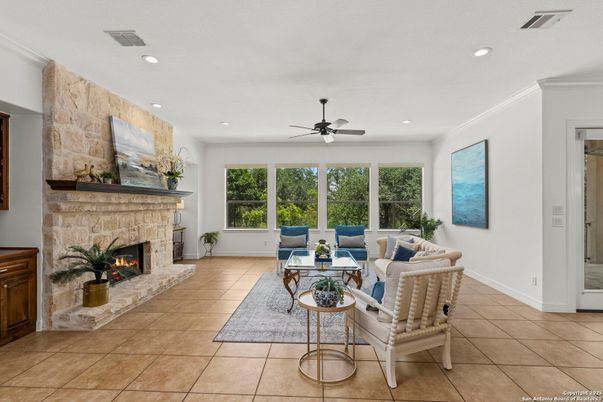 Fireplace, Interior, Living room, Recessed Lighting, Stone Walls