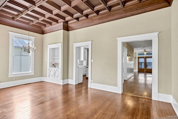 Chandelier, Empty room, Interior, Wooden Beams, Wooden Ceilings, Wood Texture Flooring