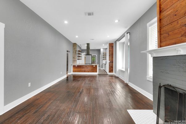 Empty room, Fireplace, Interior, Recessed Lighting, Wood Texture Flooring
