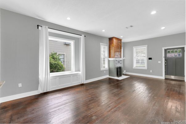 Empty room, Fireplace, Interior, Recessed Lighting, Wood Texture Flooring