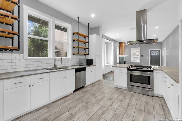 Interior, Kitchen, Pendant Lights, Recessed Lighting, Stainless Steel Appliances, Wood Texture Flooring