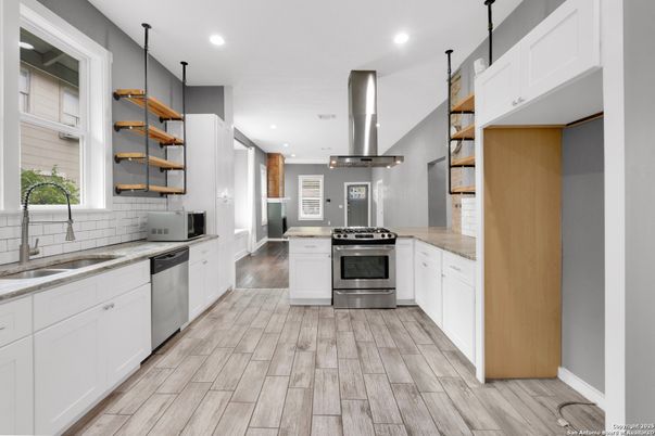 Interior, Kitchen, Recessed Lighting, Stainless Steel Appliances, Wood Texture Flooring