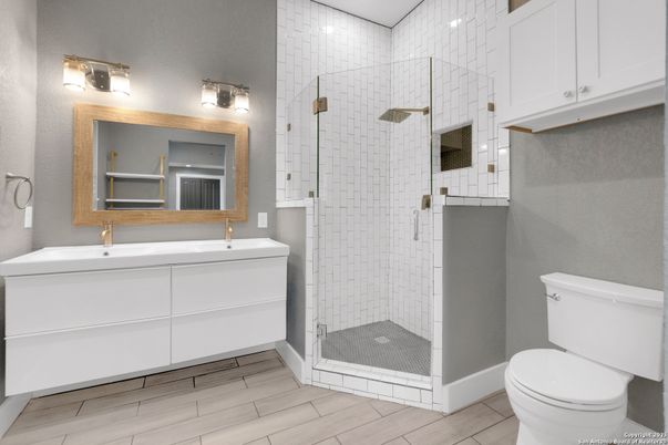 Bathroom, Glass Shower, Interior, Wood Texture Flooring
