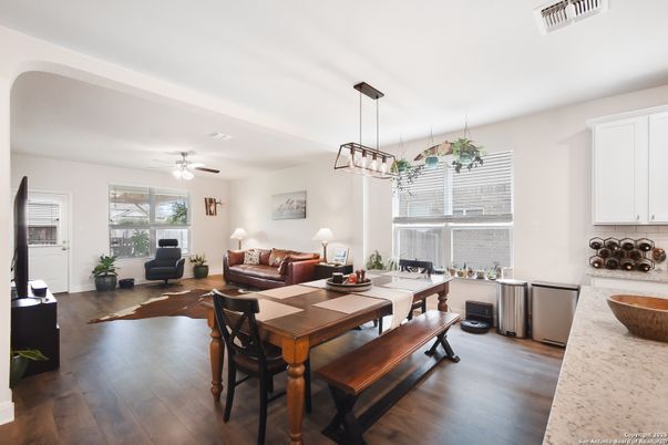 Dining room, Interior, Living room, Pendant Lights, Wood Texture Flooring