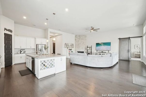 Fireplace, Interior, Kitchen, Living room, Pendant Lights, Recessed Lighting, Wood Texture Flooring